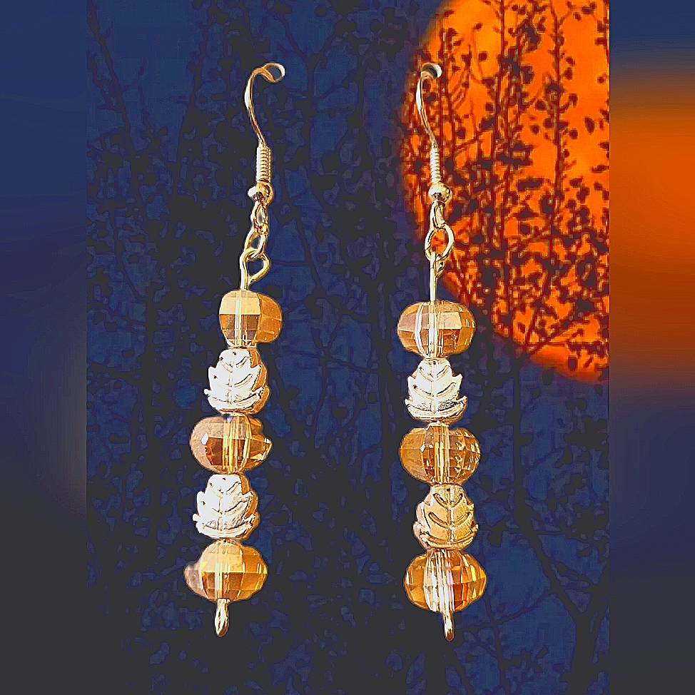 Faceted Glass And Metal Leaves Dangle Earrings